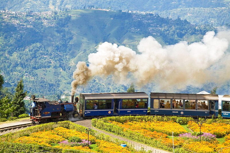 India, West Bengal, Darjeeling,  Batasia Loop, Steam train known as the Toy Train of the  Darjeeling Himalayan Railway  listed as a World Heritage Site,