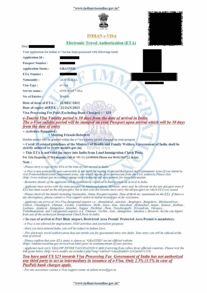 tourist e visa sample for india visa and travel guide