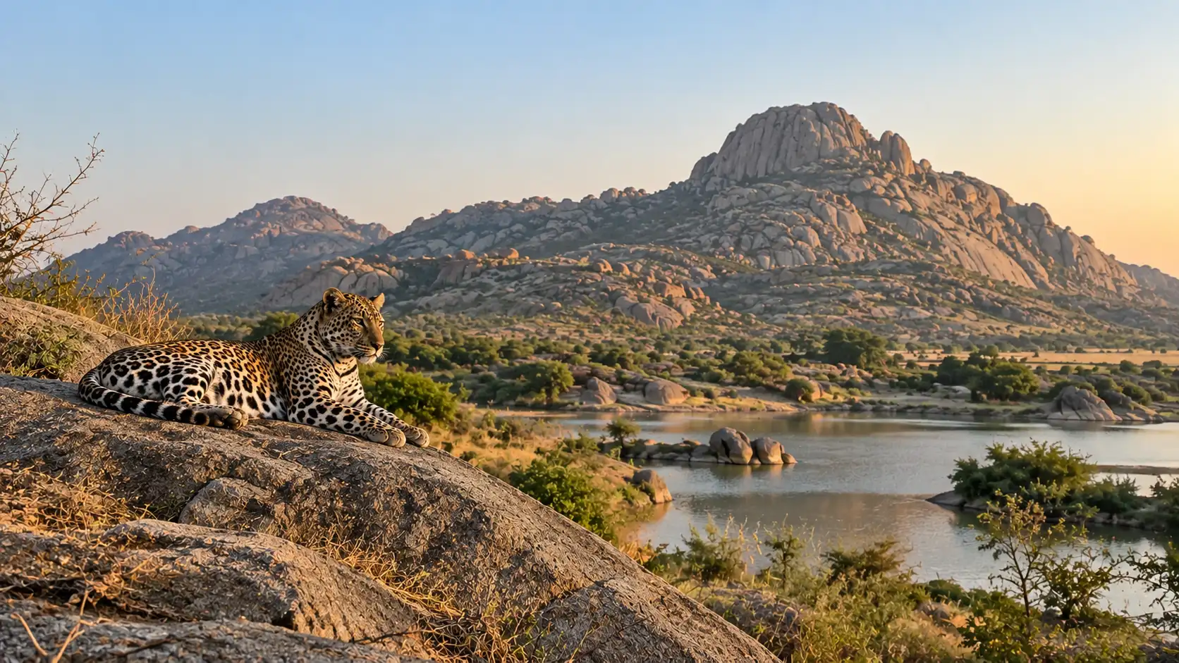 Leopard resting on a granite rock at Jawai, Rajasthan — Root Indians Jawai leopard safari guide