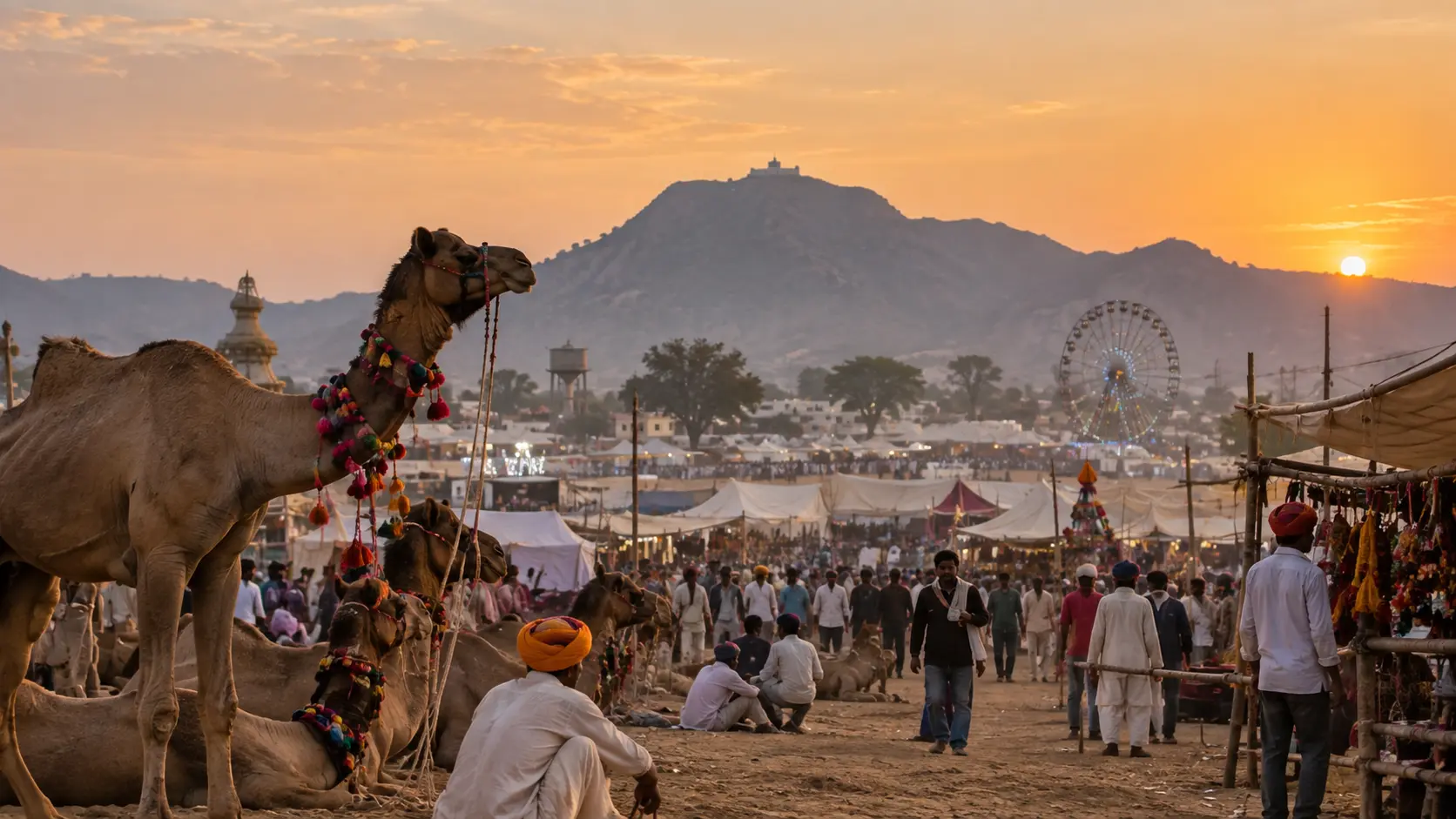 Camels at sunrise on the Pushkar Camel Fair ground — Root Indians Pushkar Camel Fair 2026 guide
