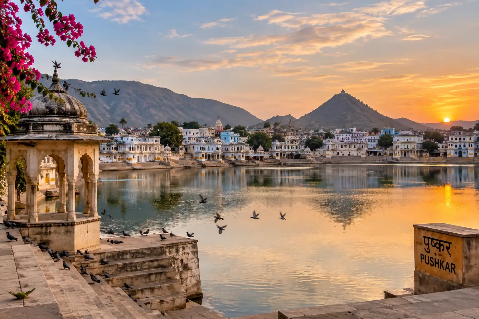 Pushkar Lake ghats and temple spires at sunrise — Root Indians Pushkar travel guide